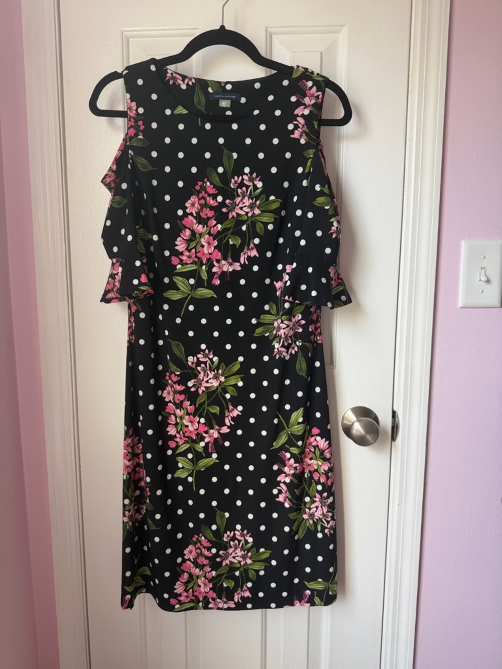 Tommy Hilfiger Black Polka Dot Midi Dress with Pink Floral Print